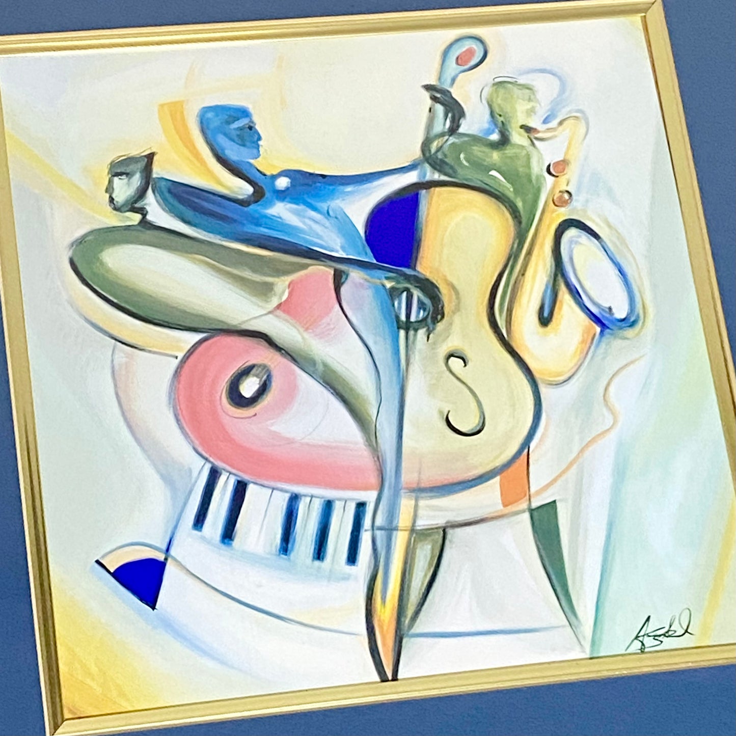 Vintage Bass-ic Instinct Musical Art Print Plate Signed Alfred Gockel Framed