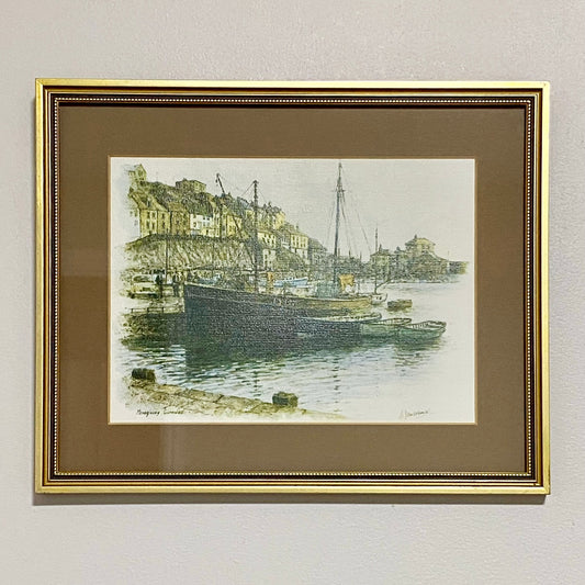 Vintage Boat Harbour Scene Mevagissey Cornwall Watercolour Art Print Framed
