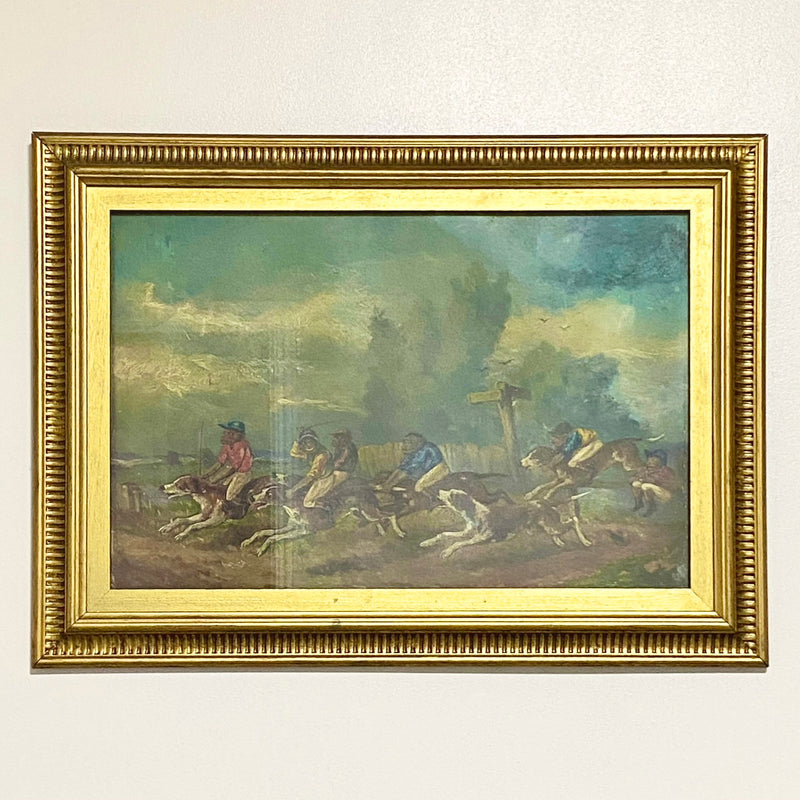 19th Century English School Monkey Jockeys Riding Hounds Oil On Paper Painting