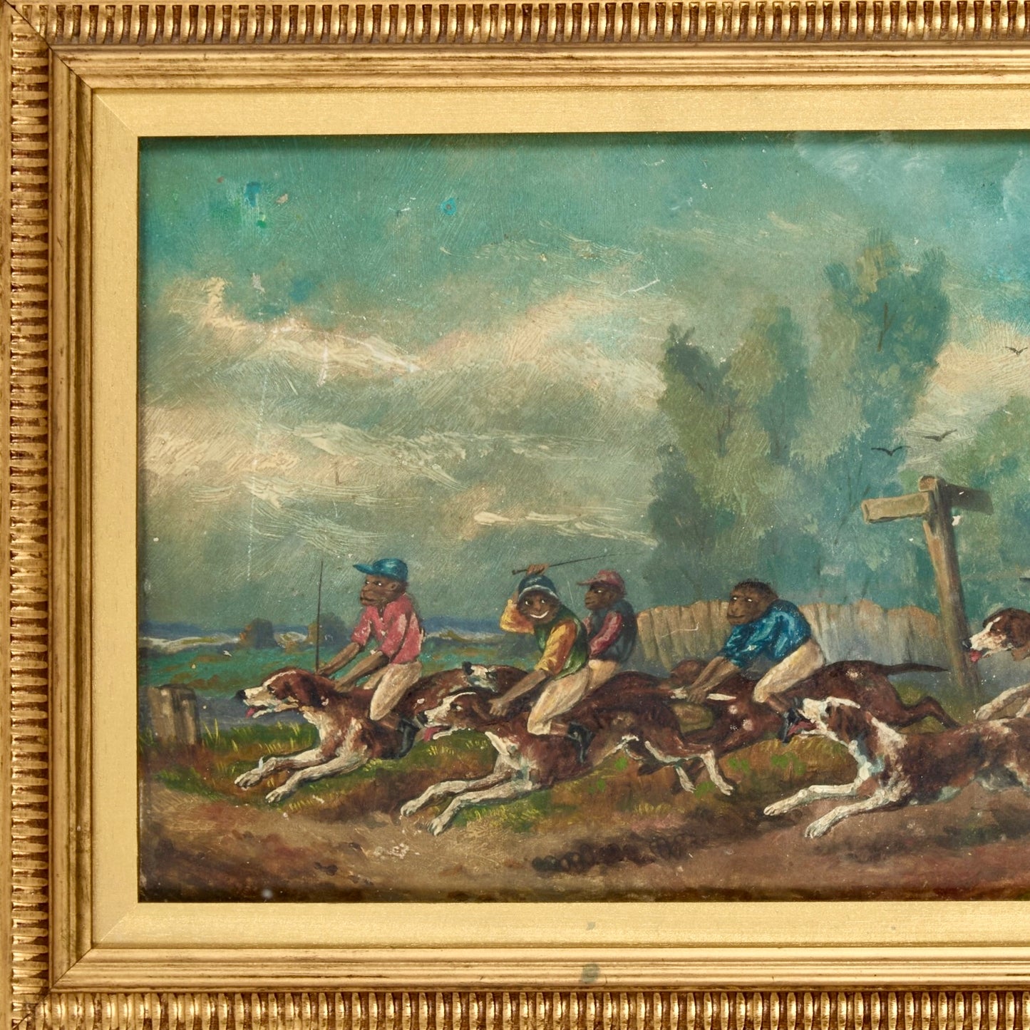 19th Century English School Monkey Jockeys Riding Hounds Oil On Paper Painting
