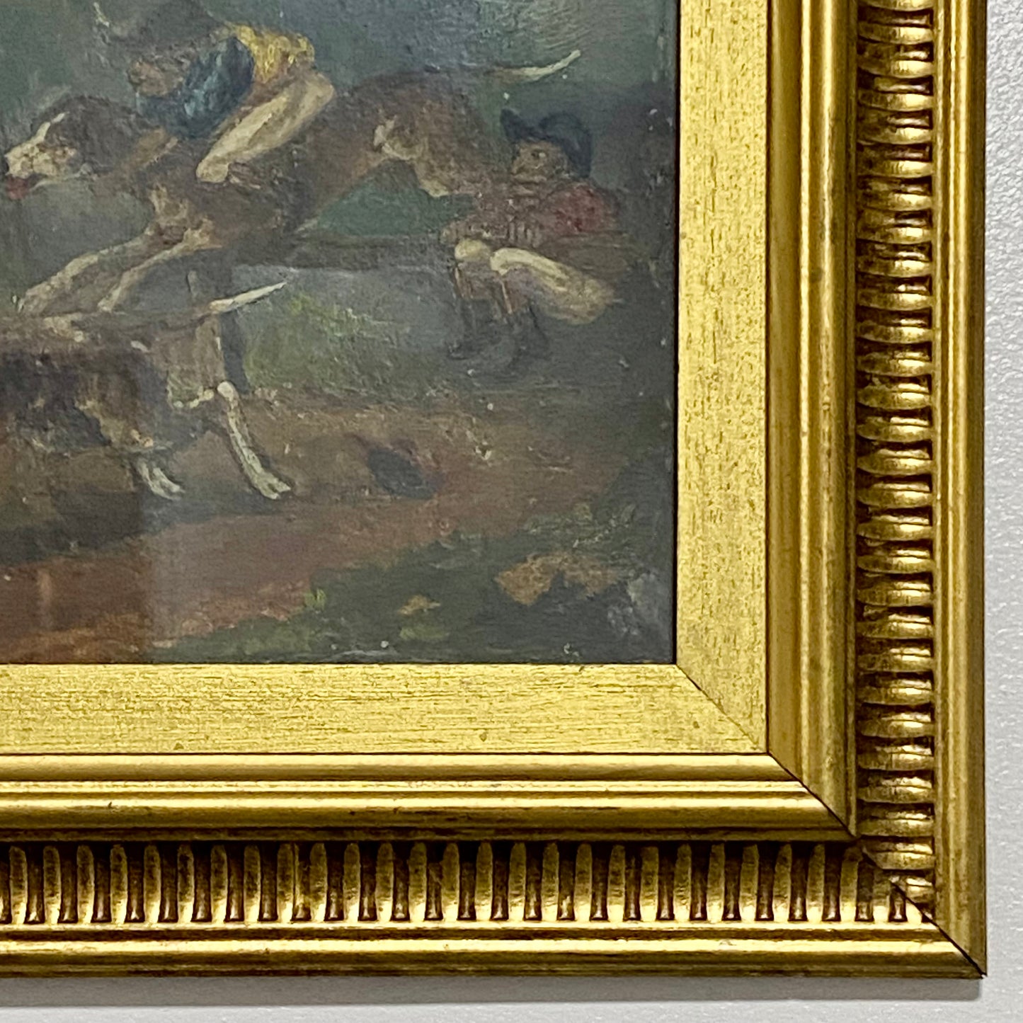 19th Century English School Monkey Jockeys Riding Hounds Oil On Paper Painting