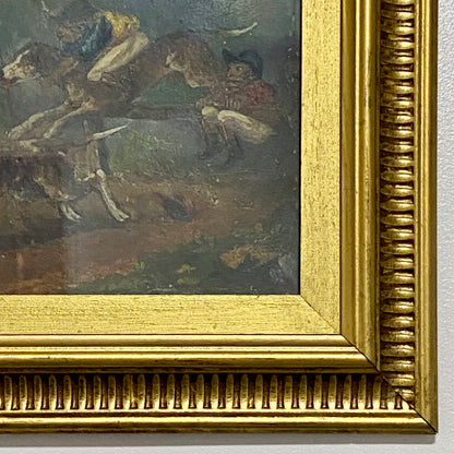 19th Century English School Monkey Jockeys Riding Hounds Oil On Paper Painting