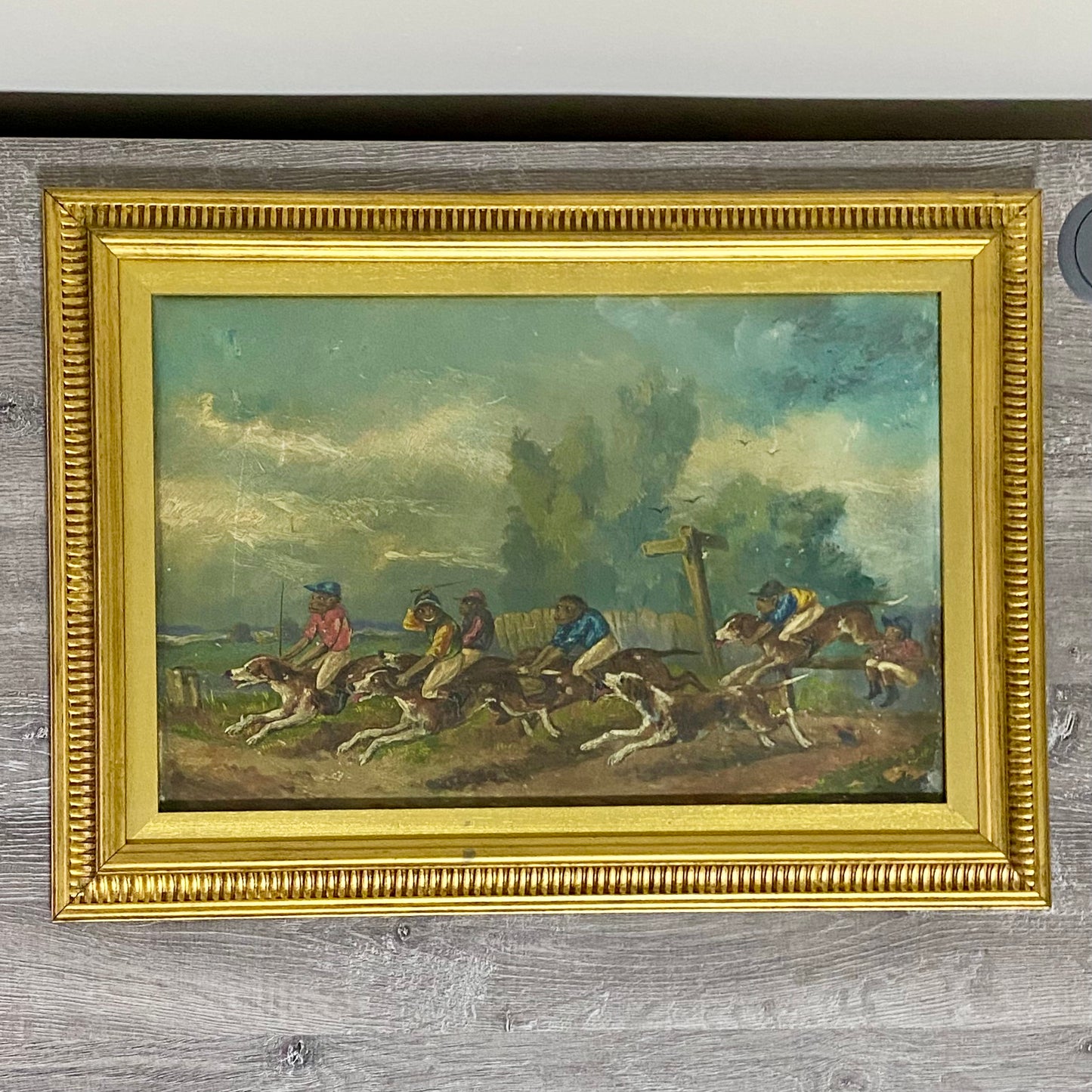 19th Century English School Monkey Jockeys Riding Hounds Oil On Paper Painting