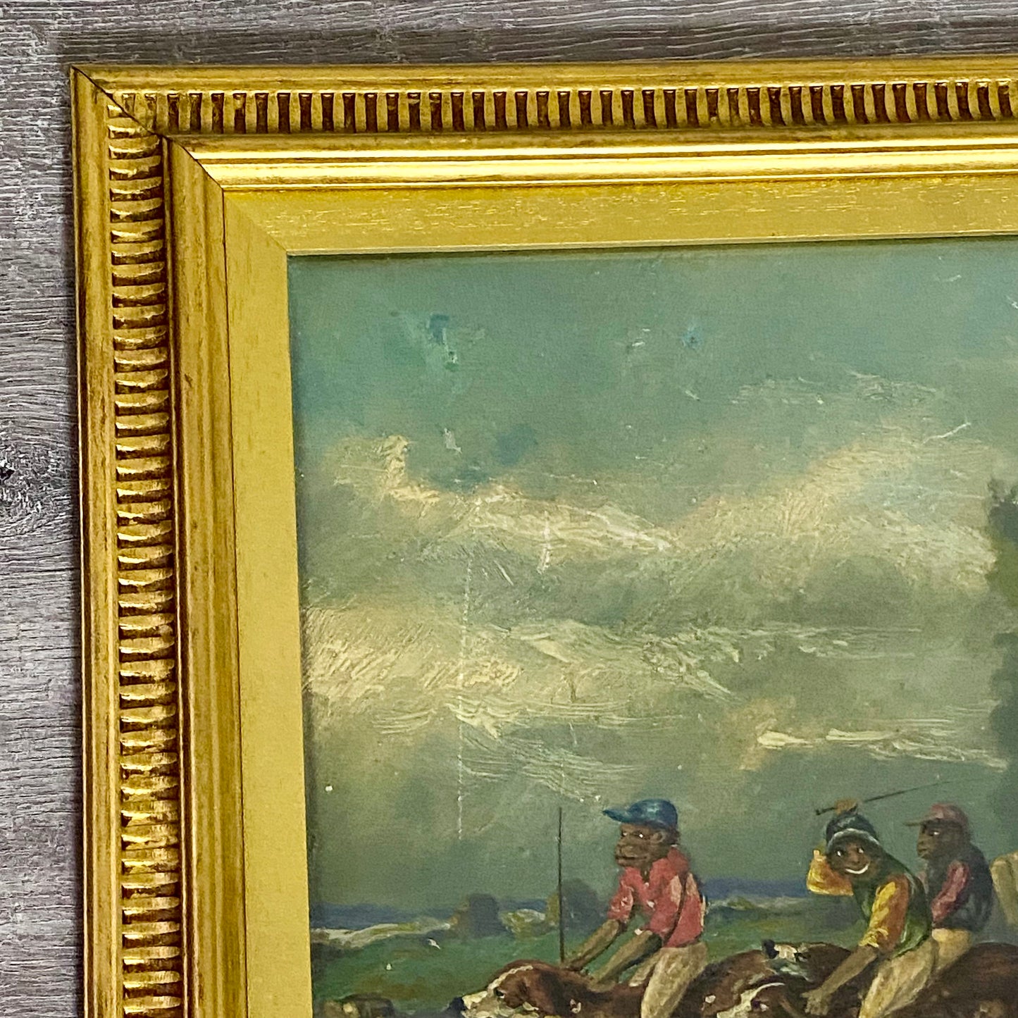 19th Century English School Monkey Jockeys Riding Hounds Oil On Paper Painting