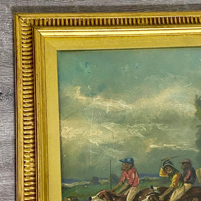 19th Century English School Monkey Jockeys Riding Hounds Oil On Paper Painting