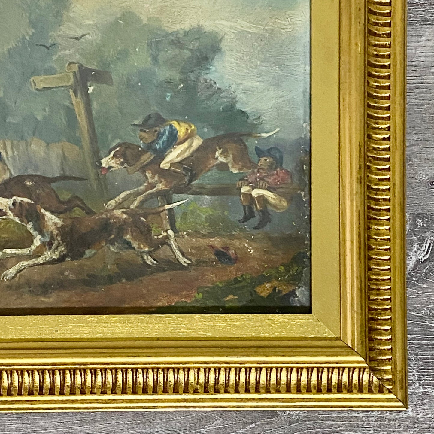 19th Century English School Monkey Jockeys Riding Hounds Oil On Paper Painting