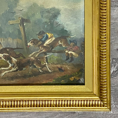 19th Century English School Monkey Jockeys Riding Hounds Oil On Paper Painting