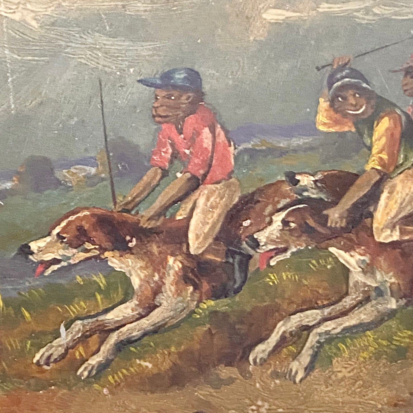 19th Century English School Monkey Jockeys Riding Hounds Oil On Paper Painting