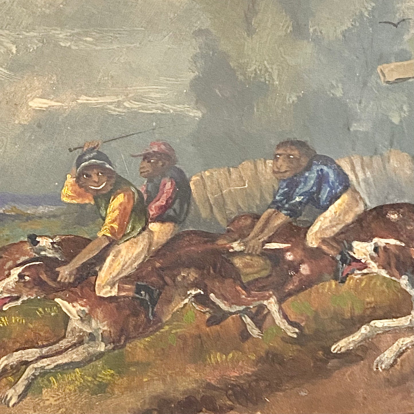 19th Century English School Monkey Jockeys Riding Hounds Oil On Paper Painting