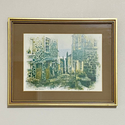 Vintage Narrow Street Scene St Ives Cornwall Watercolour Art Print Signed Framed