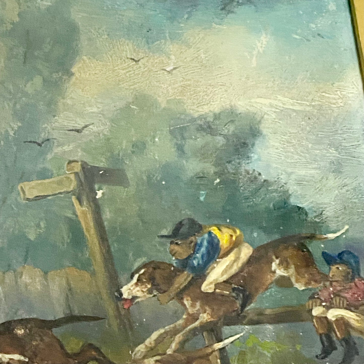 19th Century English School Monkey Jockeys Riding Hounds Oil On Paper Painting