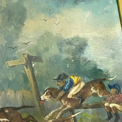 19th Century English School Monkey Jockeys Riding Hounds Oil On Paper Painting