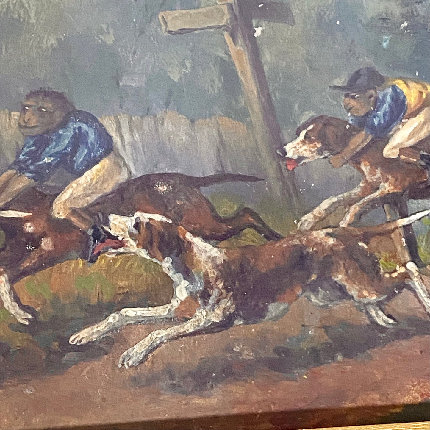 19th Century English School Monkey Jockeys Riding Hounds Oil On Paper Painting