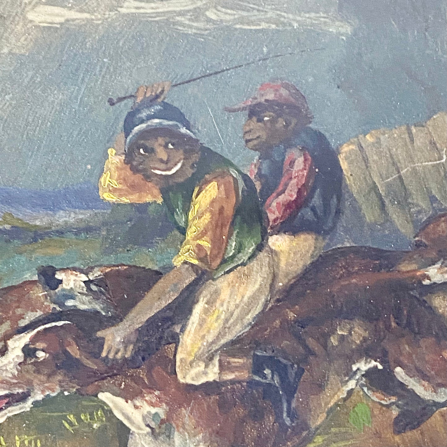 19th Century English School Monkey Jockeys Riding Hounds Oil On Paper Painting