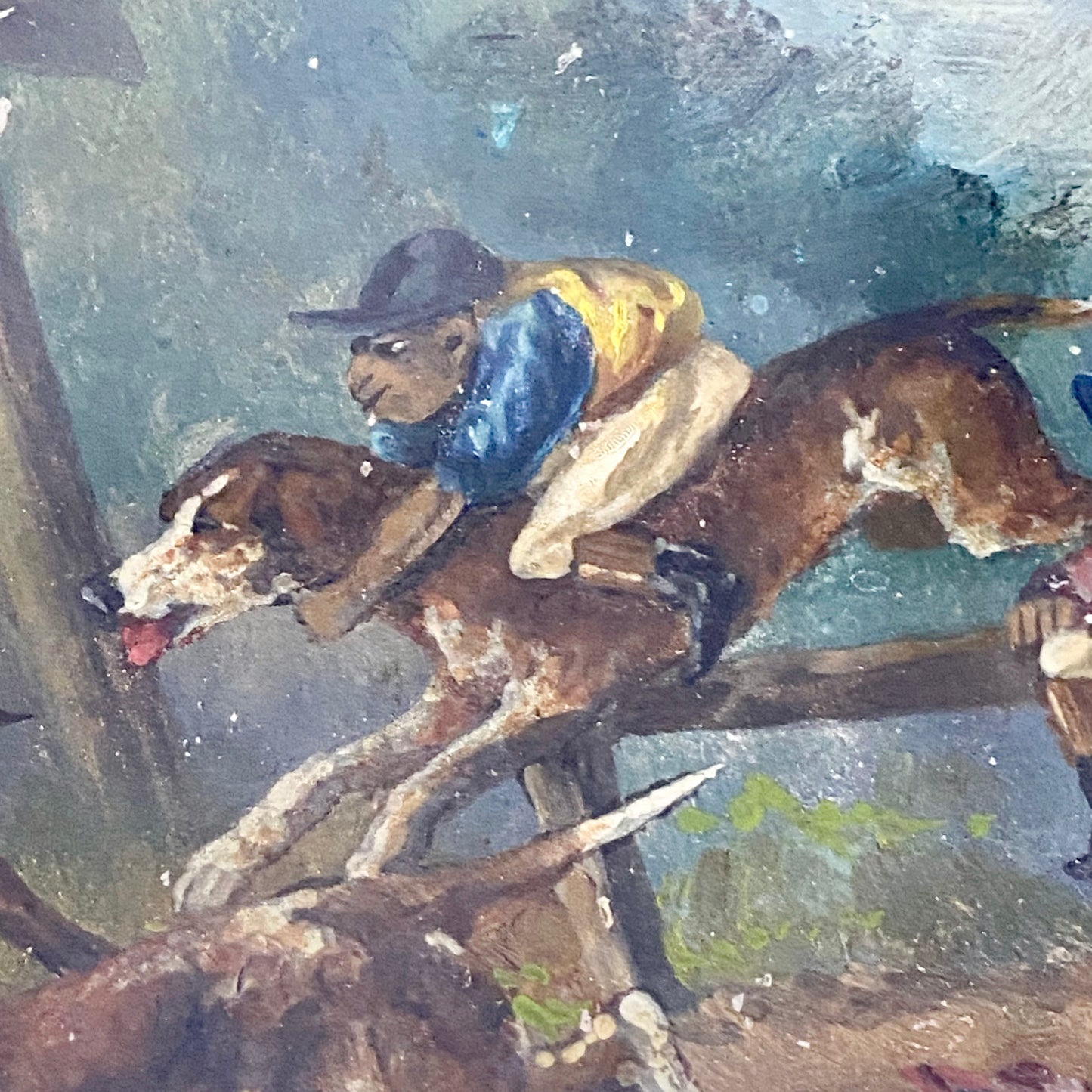 19th Century English School Monkey Jockeys Riding Hounds Oil On Paper Painting