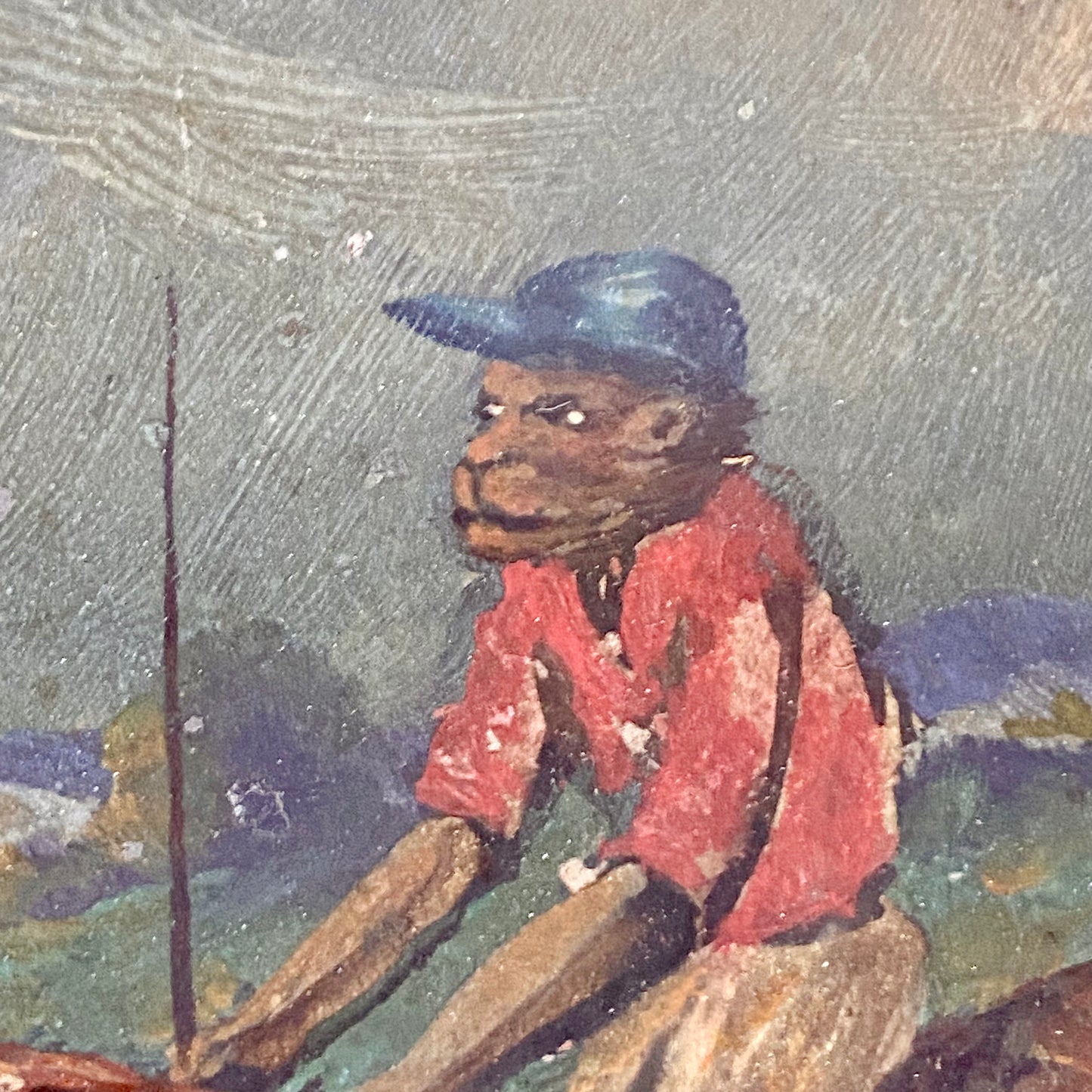 19th Century English School Monkey Jockeys Riding Hounds Oil On Paper Painting