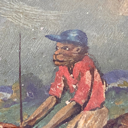 19th Century English School Monkey Jockeys Riding Hounds Oil On Paper Painting