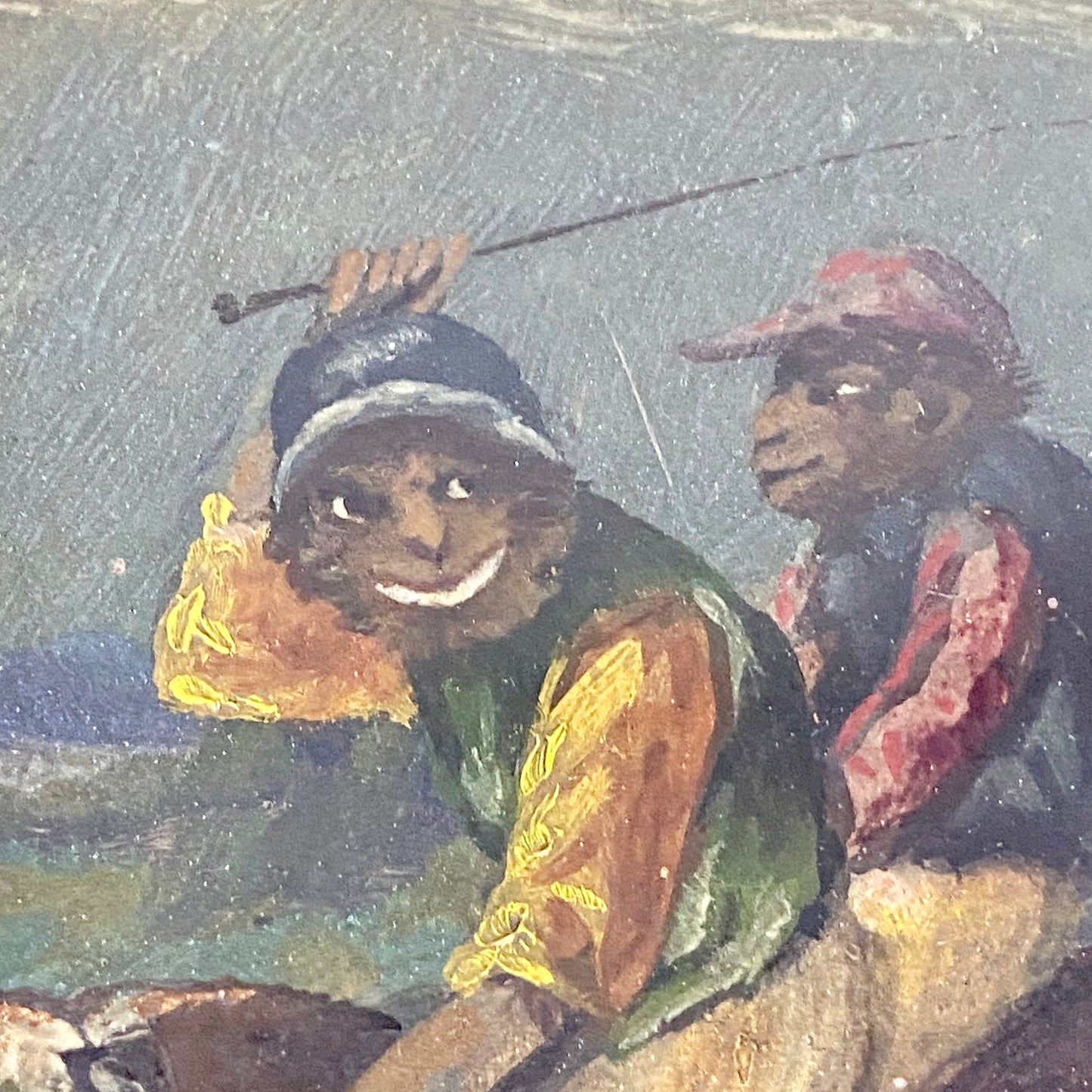 19th Century English School Monkey Jockeys Riding Hounds Oil On Paper Painting