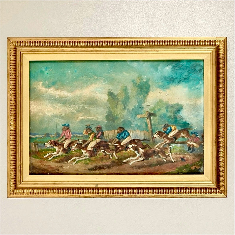 19th Century English School Monkey Jockeys Riding Hounds Oil On Paper Painting