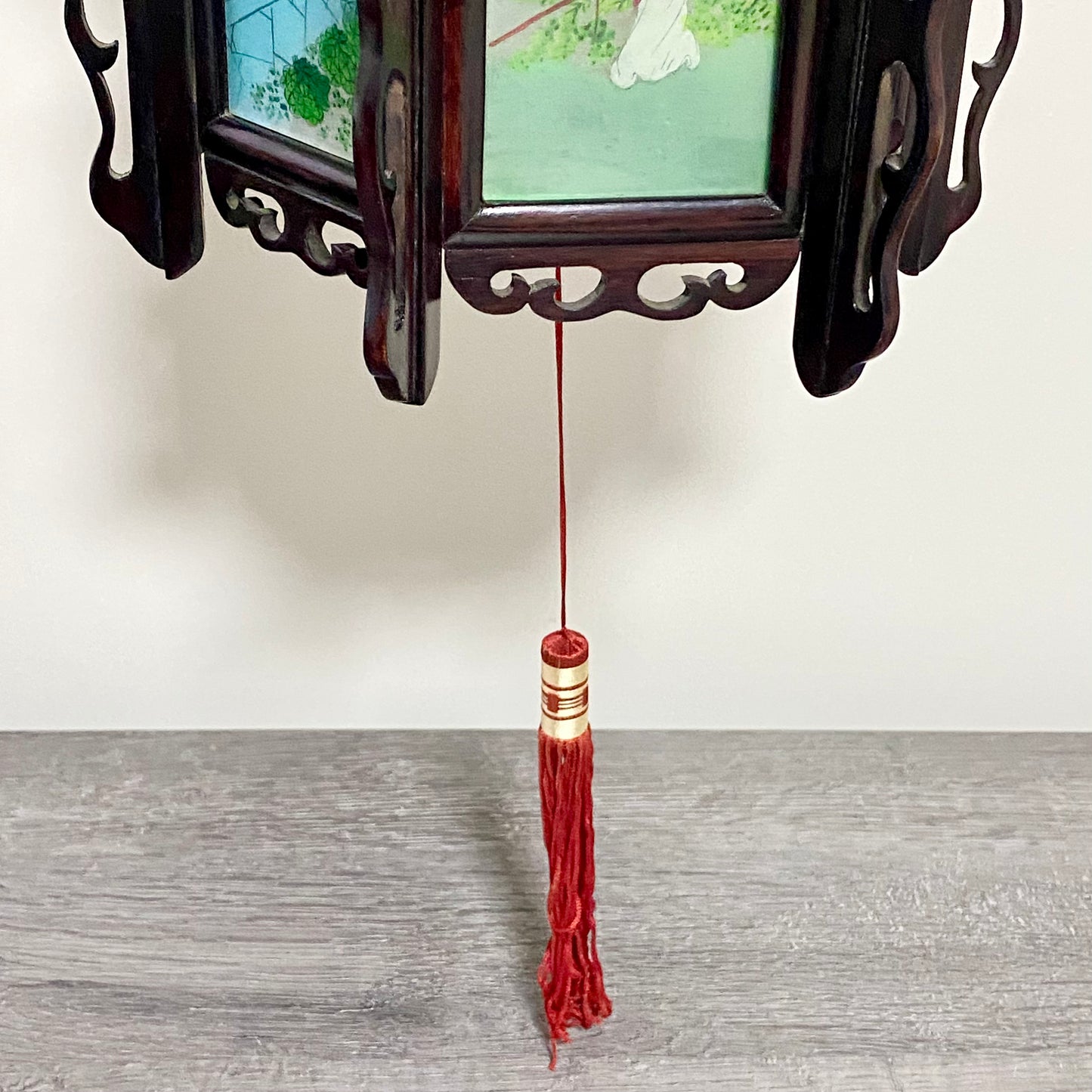 Antique Chinese Zitan Carved Wood Reverse Hand Painted Lady Figure Glass Lantern