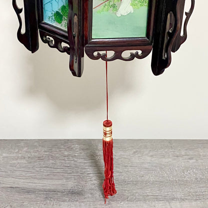 Antique Chinese Zitan Carved Wood Reverse Hand Painted Lady Figure Glass Lantern
