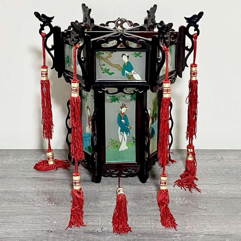 Antique Chinese Zitan Carved Wood Reverse Hand Painted Lady Figure Glass Lantern
