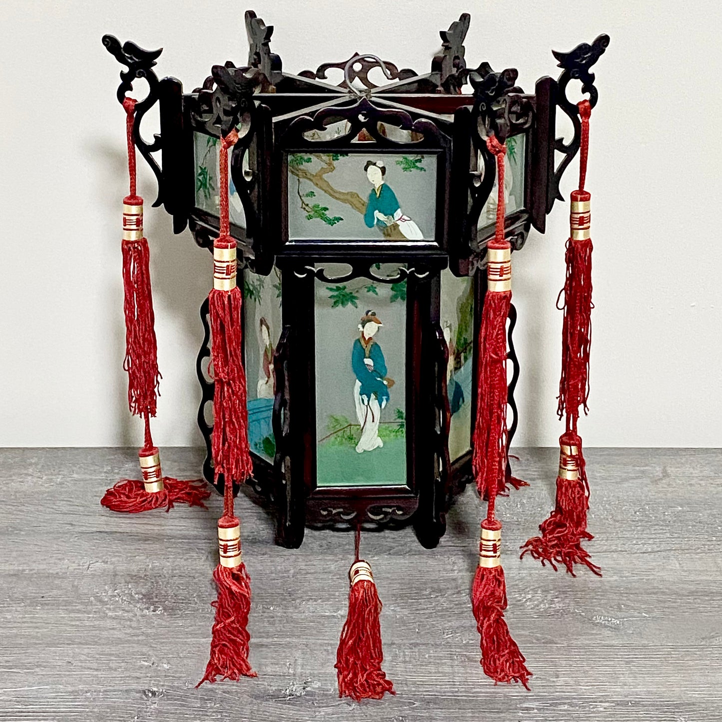 Antique Chinese Zitan Carved Wood Reverse Hand Painted Lady Figure Glass Lantern