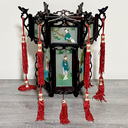 Antique Chinese Zitan Carved Wood Reverse Hand Painted Lady Figure Glass Lantern