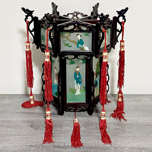 Antique Chinese Zitan Carved Wood Reverse Hand Painted Lady Figure Glass Lantern