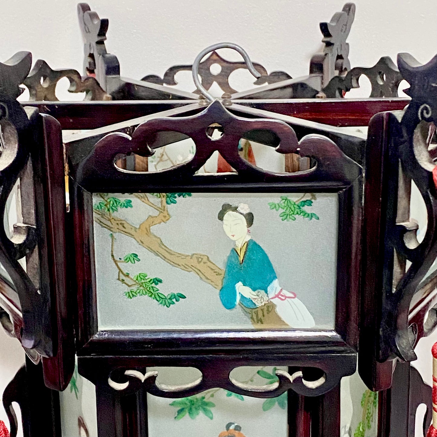 Antique Chinese Zitan Carved Wood Reverse Hand Painted Lady Figure Glass Lantern