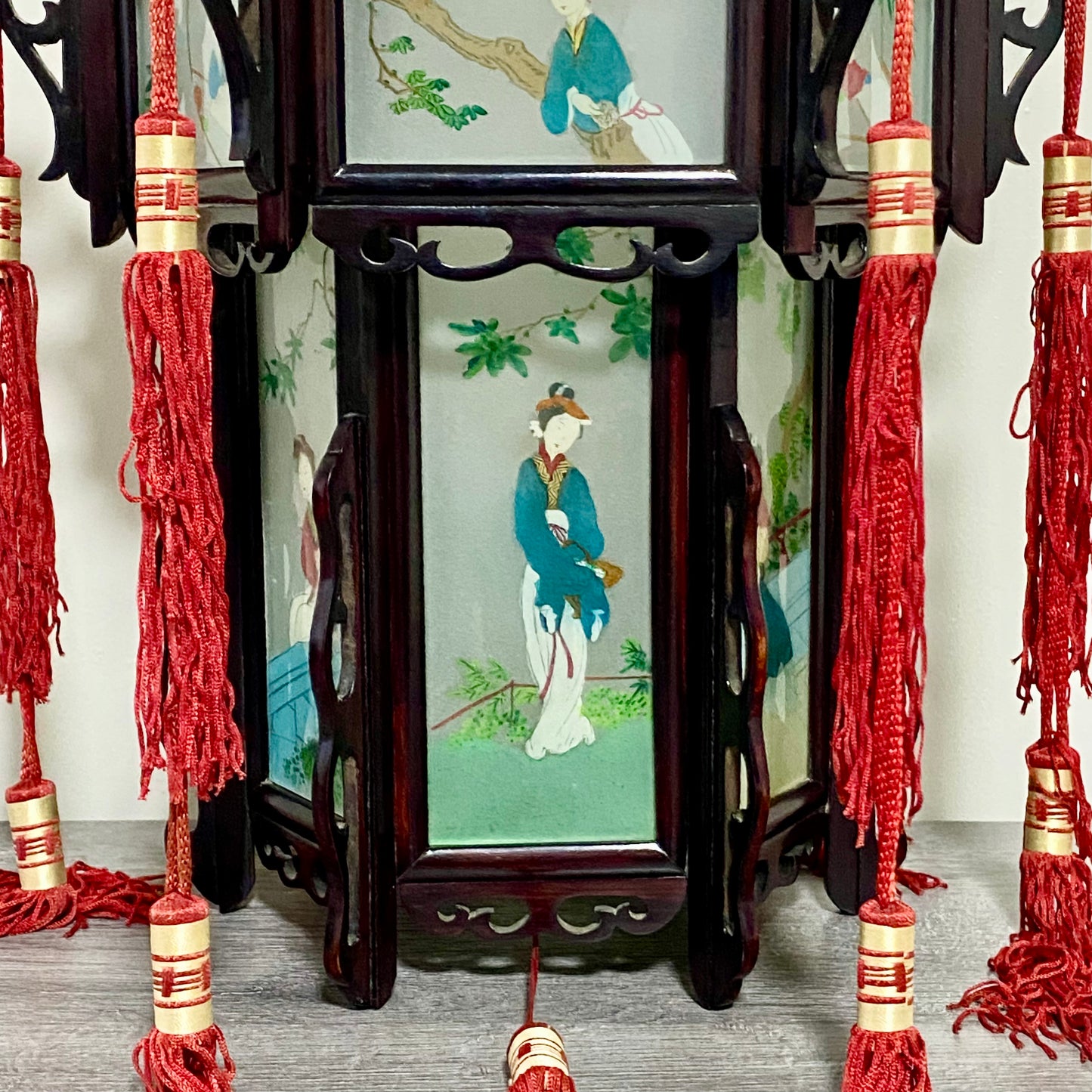 Antique Chinese Zitan Carved Wood Reverse Hand Painted Lady Figure Glass Lantern