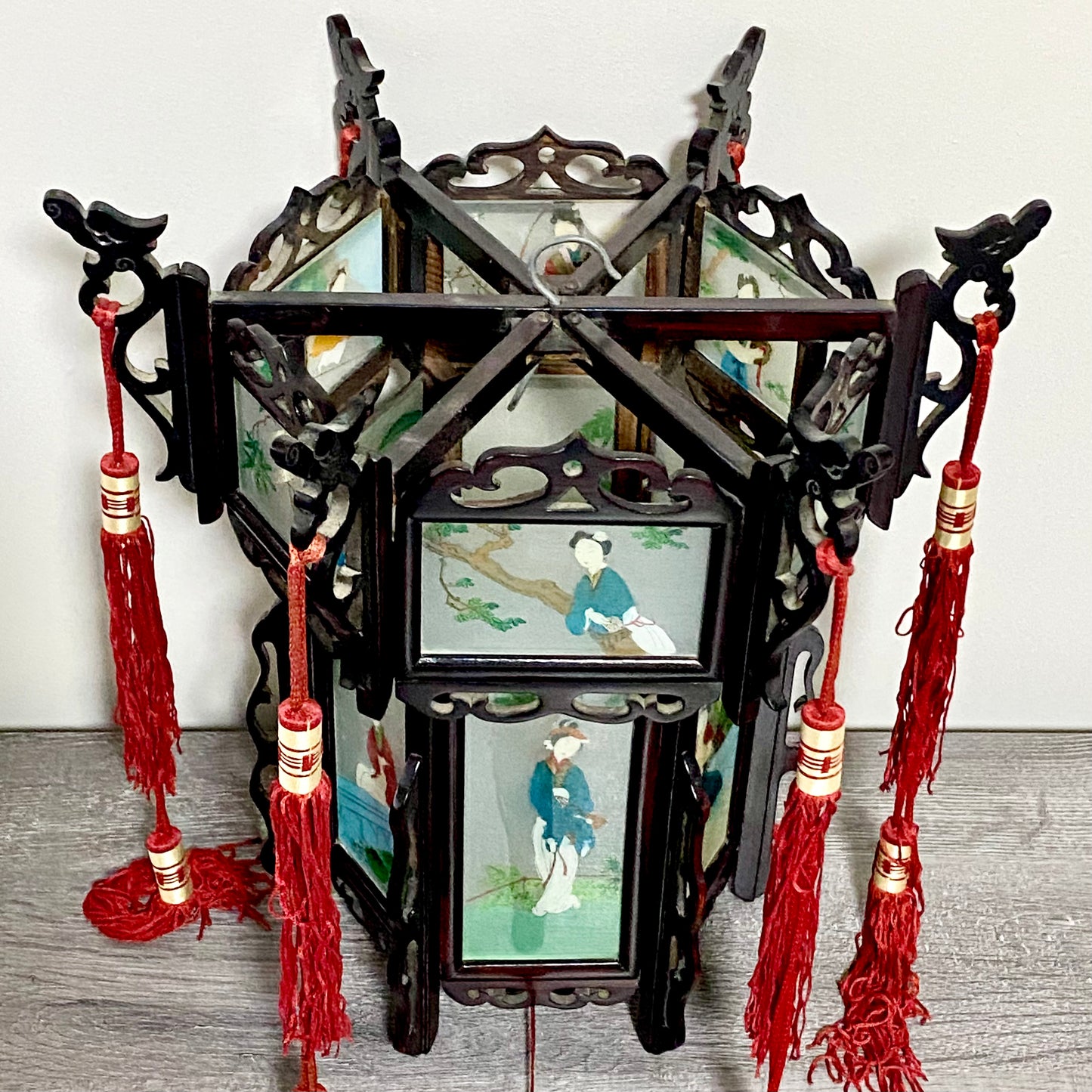 Antique Chinese Zitan Carved Wood Reverse Hand Painted Lady Figure Glass Lantern