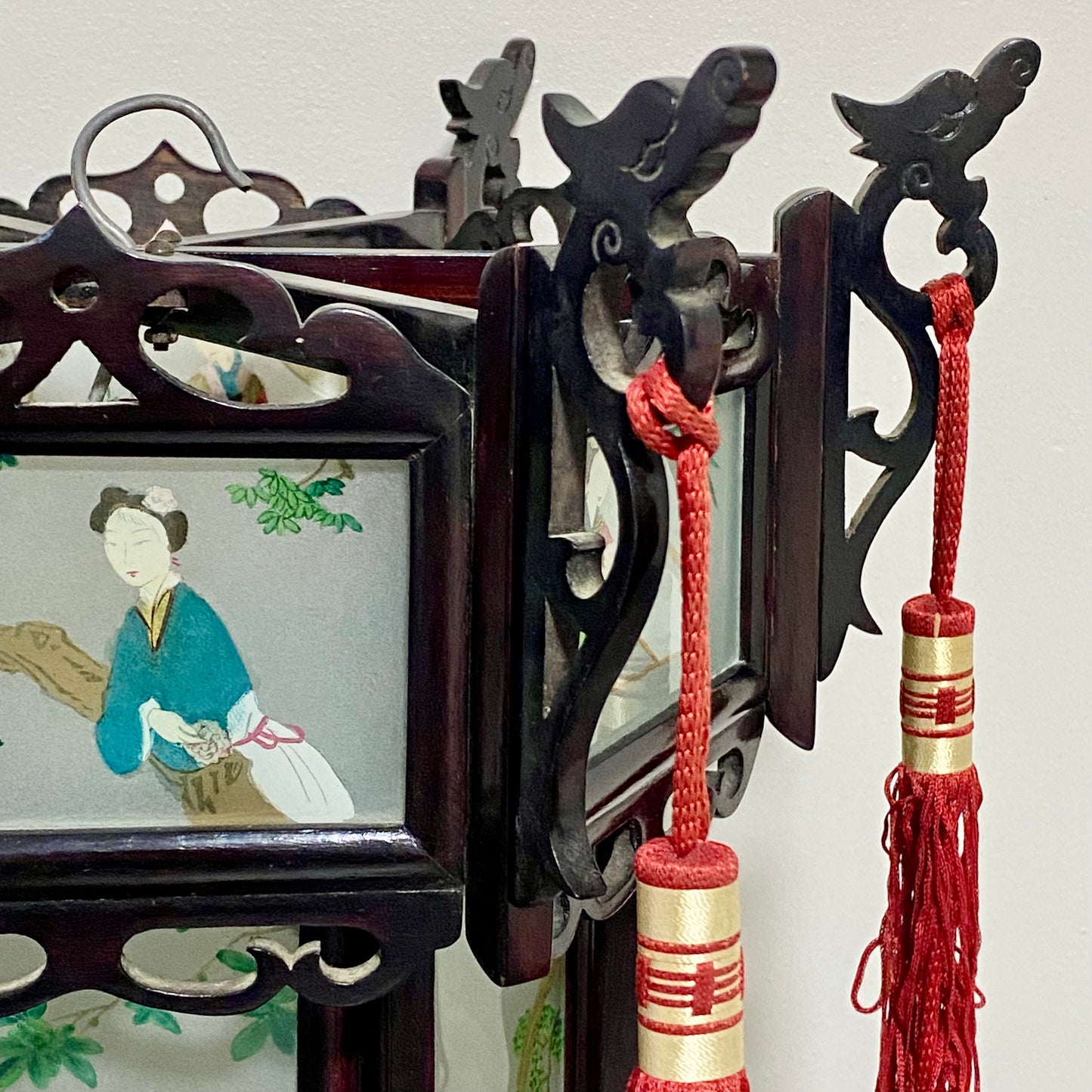 Antique Chinese Zitan Carved Wood Reverse Hand Painted Lady Figure Glass Lantern