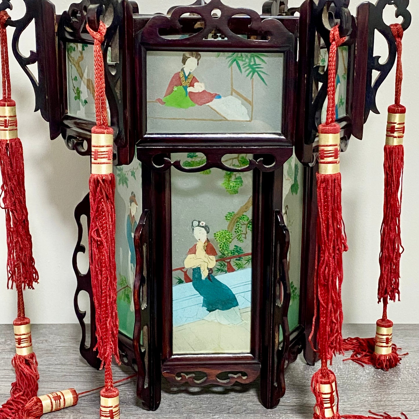 Antique Chinese Zitan Carved Wood Reverse Hand Painted Lady Figure Glass Lantern