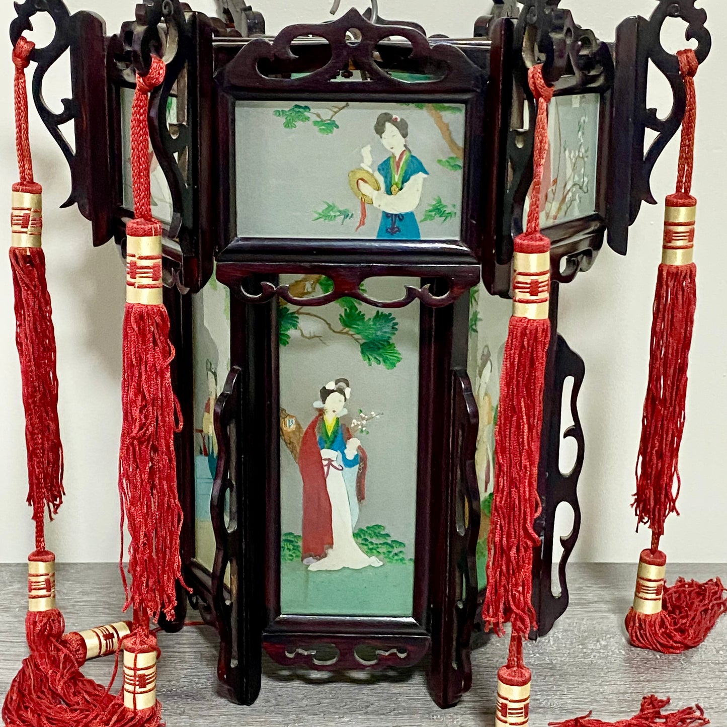 Antique Chinese Zitan Carved Wood Reverse Hand Painted Lady Figure Glass Lantern