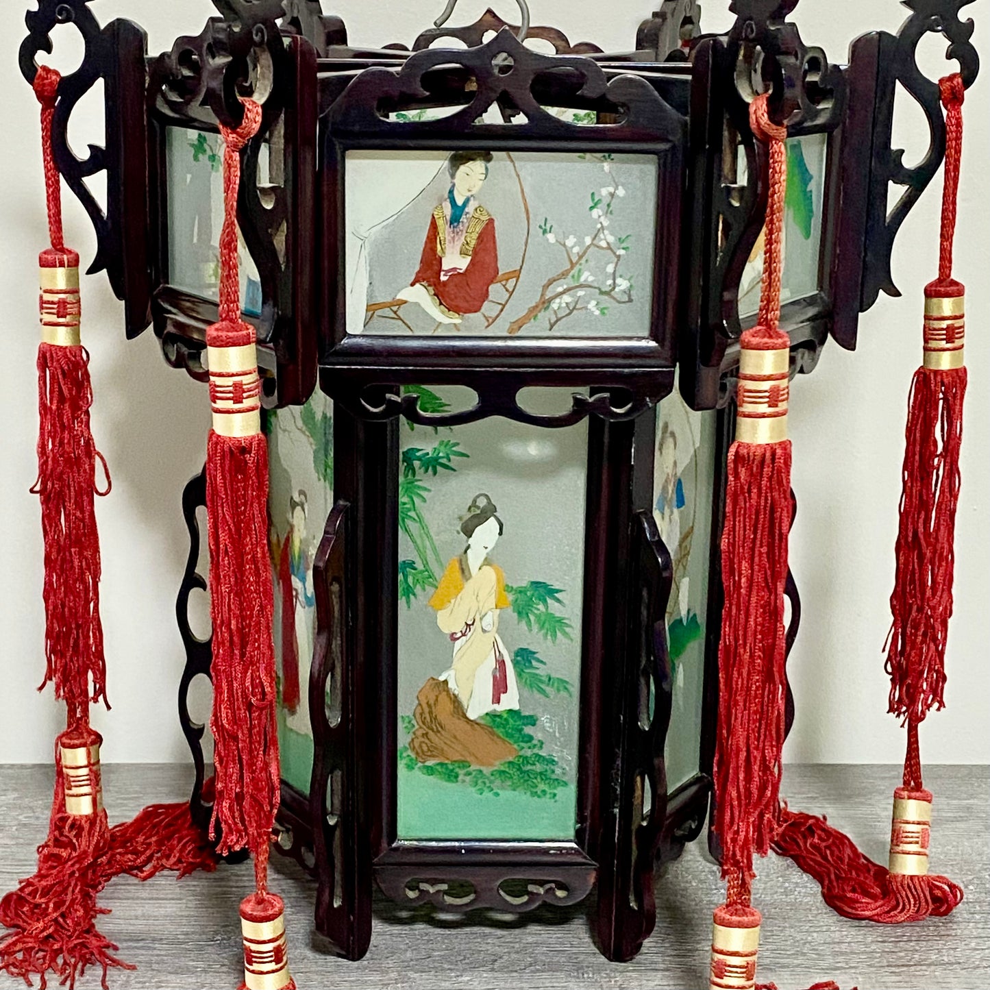 Antique Chinese Zitan Carved Wood Reverse Hand Painted Lady Figure Glass Lantern