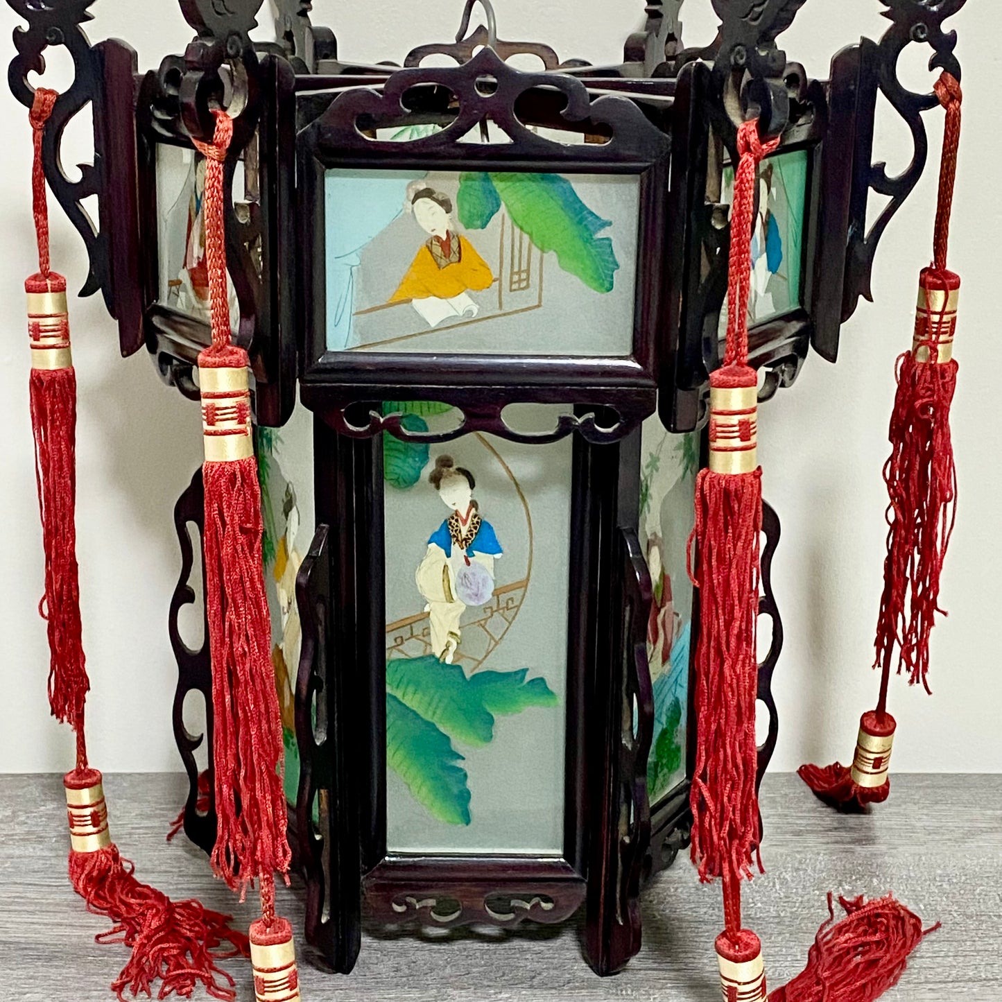 Antique Chinese Zitan Carved Wood Reverse Hand Painted Lady Figure Glass Lantern