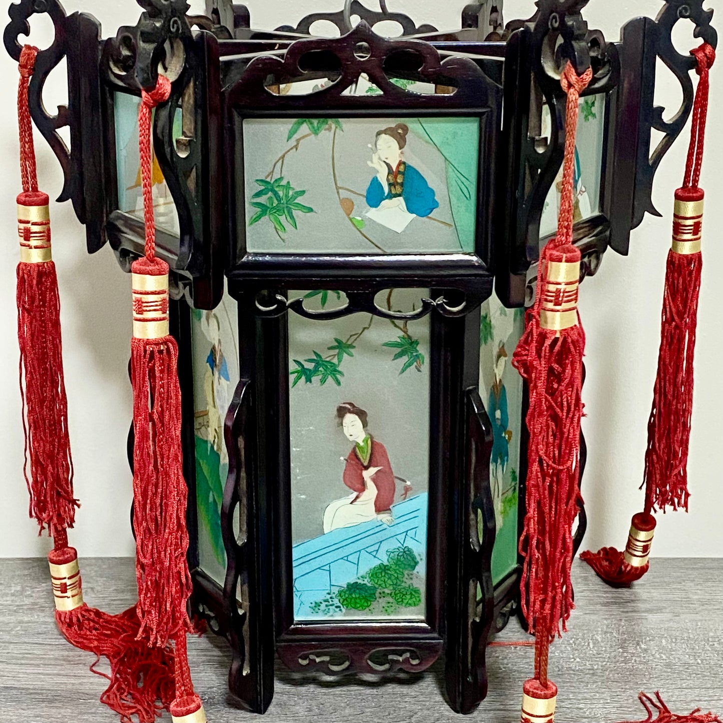 Antique Chinese Zitan Carved Wood Reverse Hand Painted Lady Figure Glass Lantern