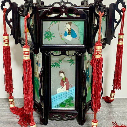 Antique Chinese Zitan Carved Wood Reverse Hand Painted Lady Figure Glass Lantern