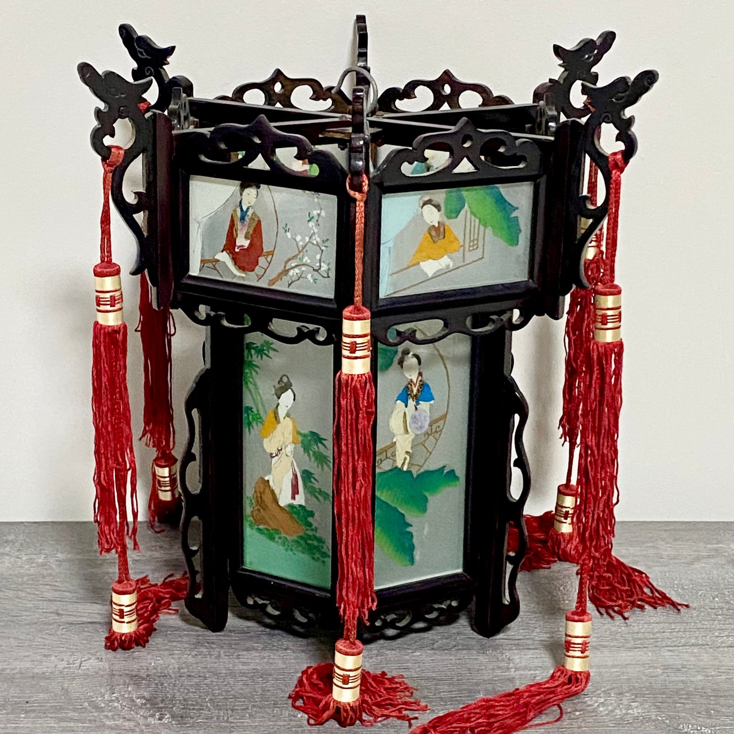 Antique Chinese Zitan Carved Wood Reverse Hand Painted Lady Figure Glass Lantern
