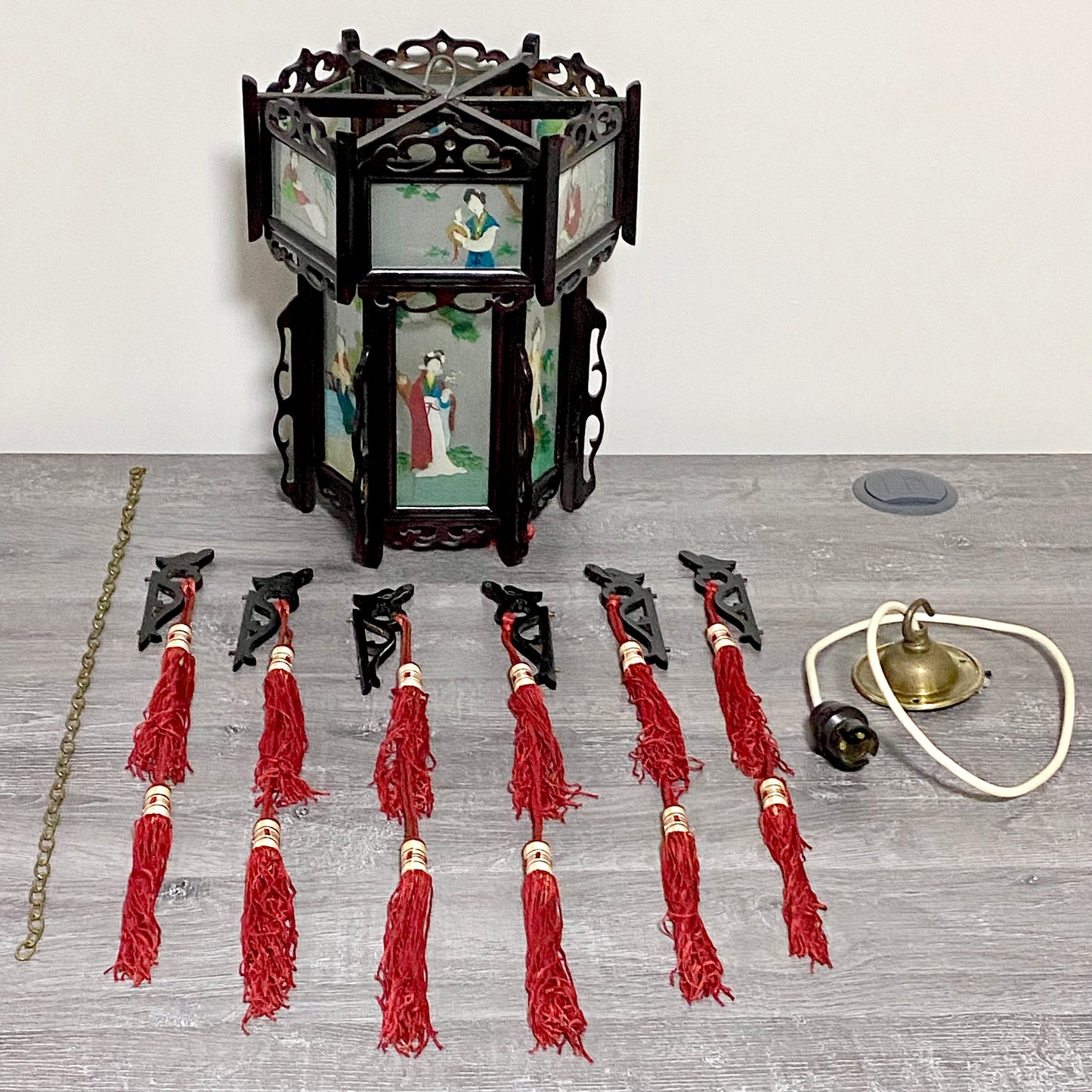 Antique Chinese Zitan Carved Wood Reverse Hand Painted Lady Figure Glass Lantern
