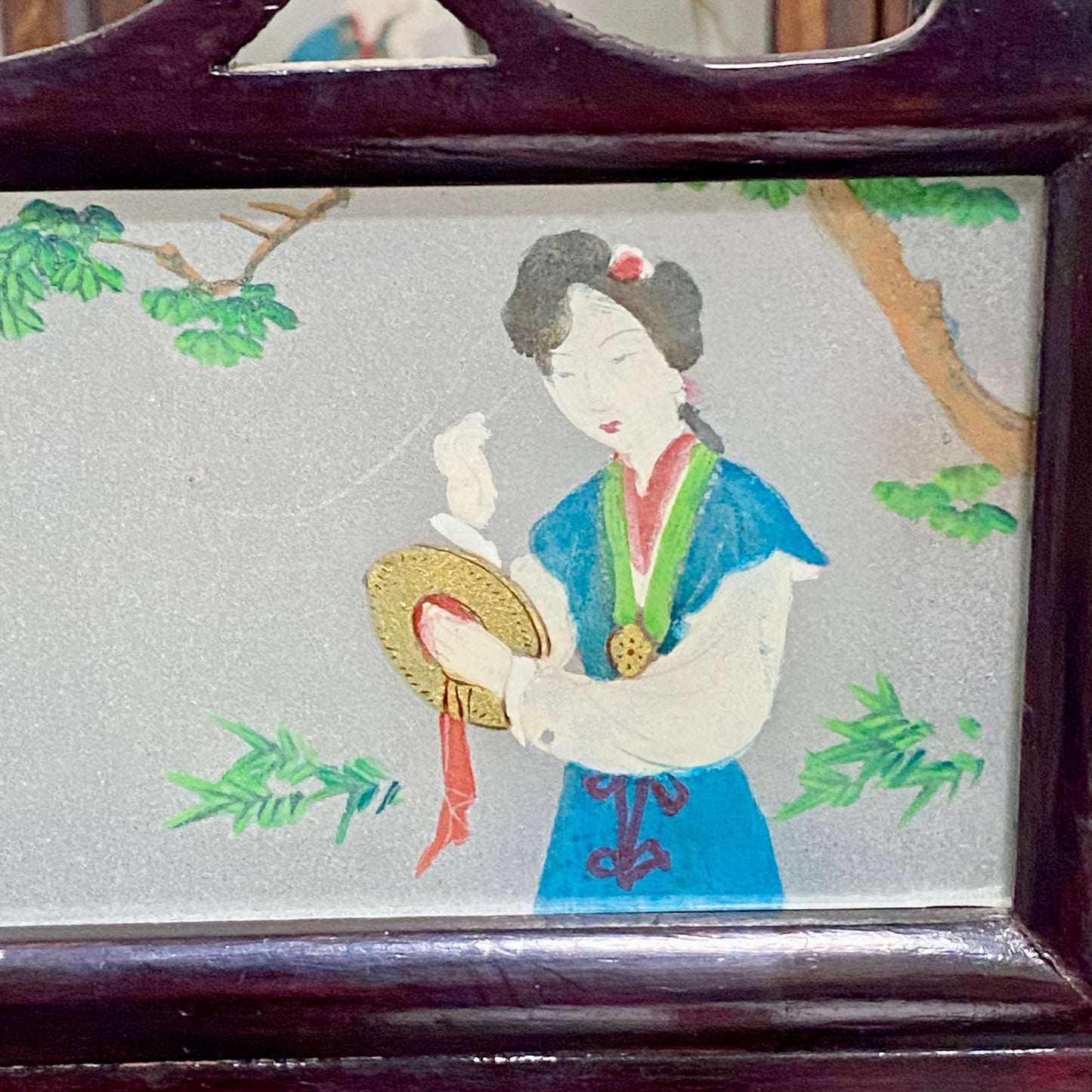 Antique Chinese Zitan Carved Wood Reverse Hand Painted Lady Figure Glass Lantern