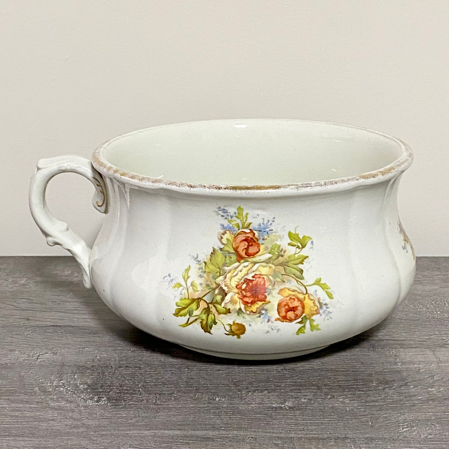 Antique Victorian Style Ceramic Floral Design Chamber Pot With Handle Grimwades