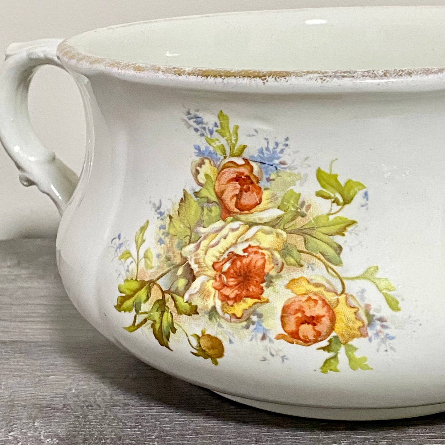 Antique Victorian Style Ceramic Floral Design Chamber Pot With Handle Grimwades