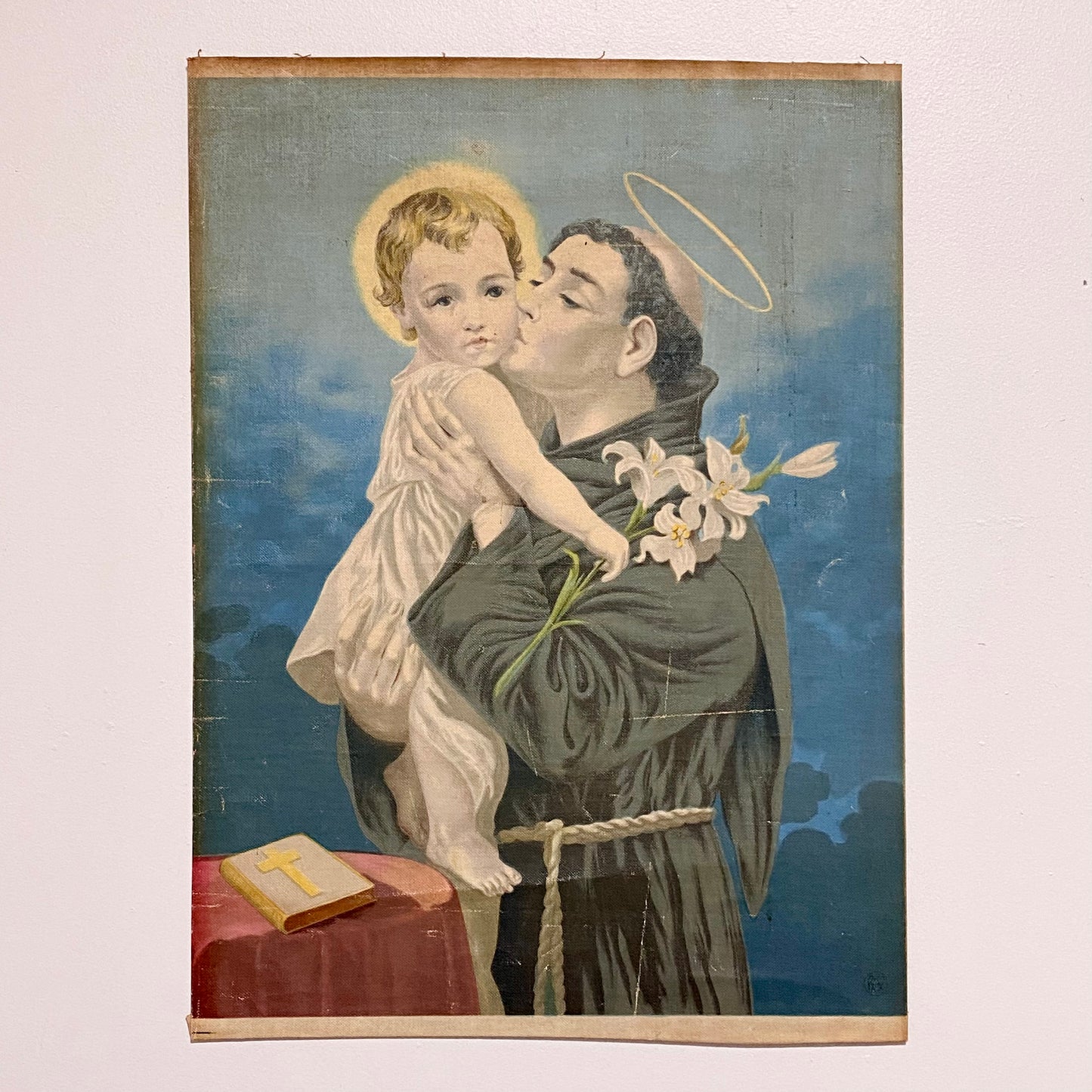 Antique Saint St. Anthony Of Padua With Christ Child Canvas Art Religious Rare