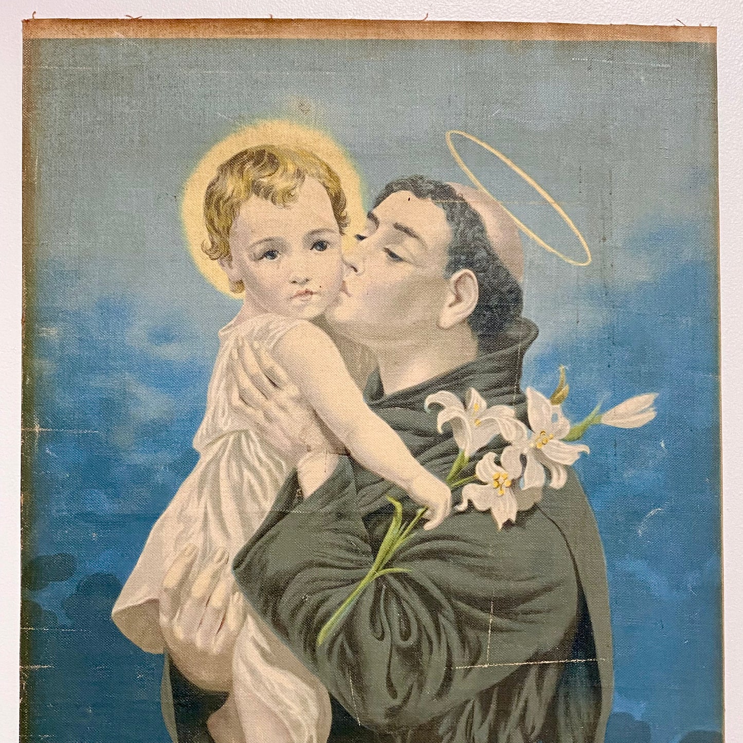 Antique Saint St. Anthony Of Padua With Christ Child Canvas Art Religious Rare