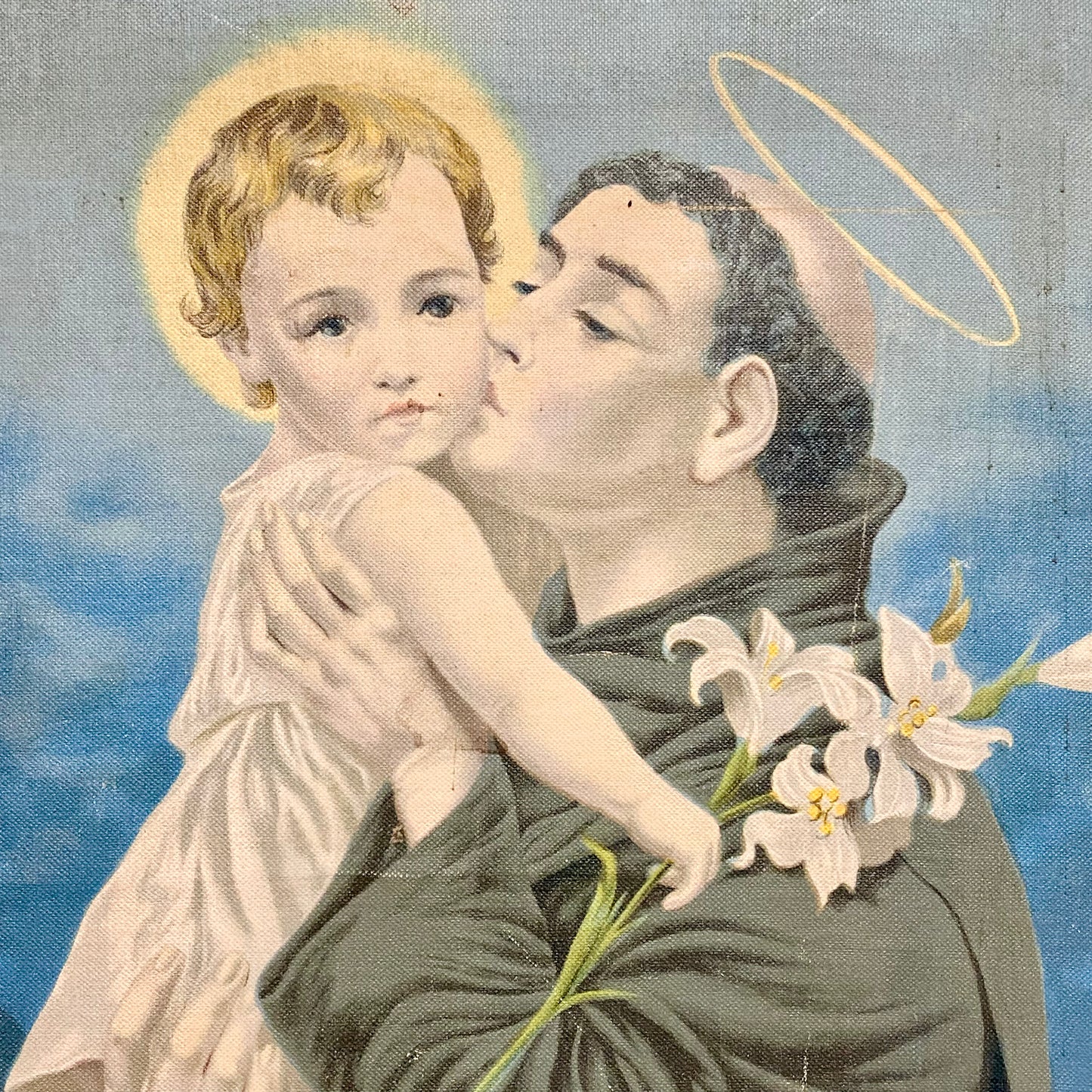 Antique Saint St. Anthony Of Padua With Christ Child Canvas Art Religious Rare