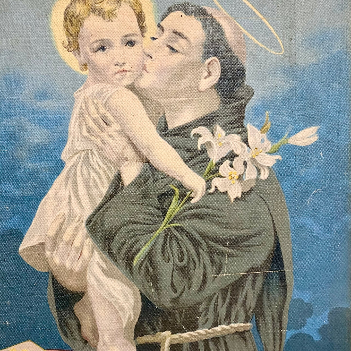 Antique Saint St. Anthony Of Padua With Christ Child Canvas Art Religious Rare