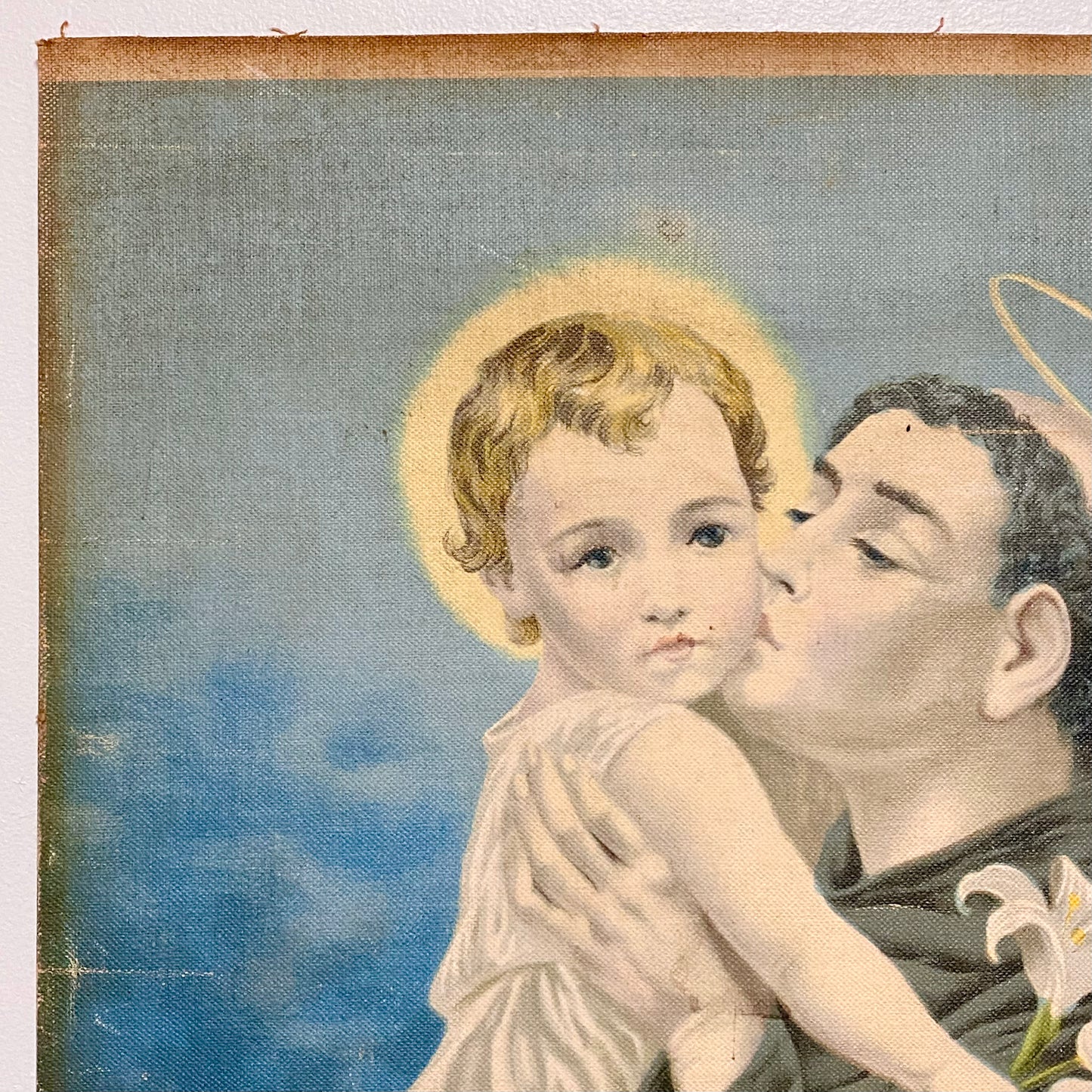 Antique Saint St. Anthony Of Padua With Christ Child Canvas Art Religious Rare