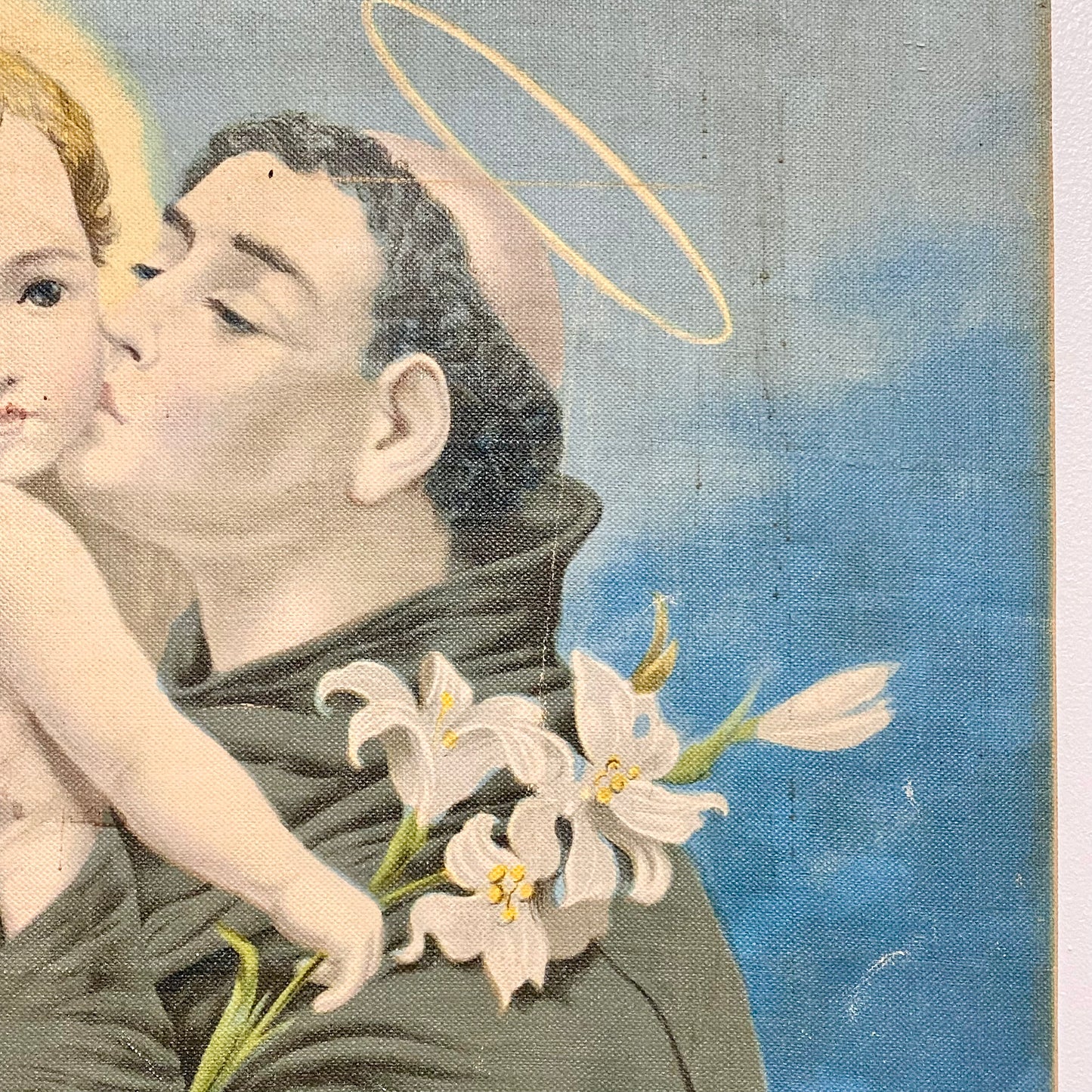 Antique Saint St. Anthony Of Padua With Christ Child Canvas Art Religious Rare